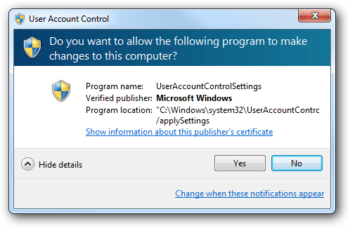 Уведомление UAC в Windows 7