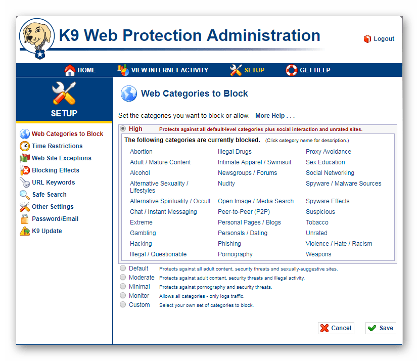 Виды блокировки K9 Web Protection