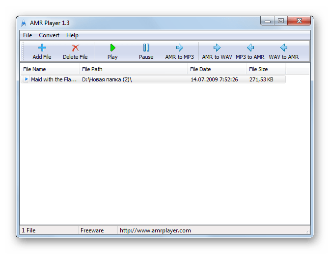 Воспроизведение файла AMR в программе AMR Player