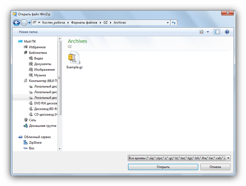 Выбор файла для открытия в WinZip