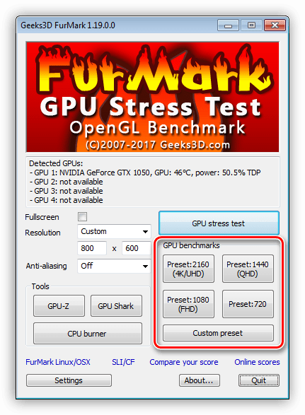 Запуск тестирования производительности видеокарты в программе FurMark