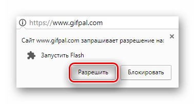 Кнопка для разрешения запуска Adobe Flash Player во всплывшем окне на сайте Gifpal