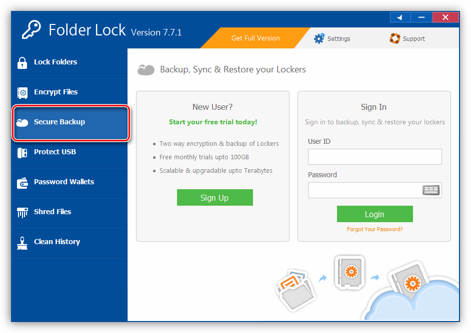 Доступ к облачному хранилищу в программе Folder Lock