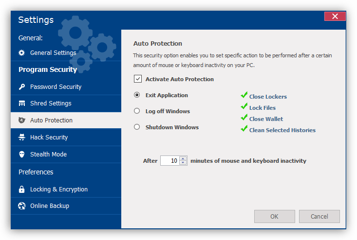 Настройка автоматической защиты в программе Folder Lock