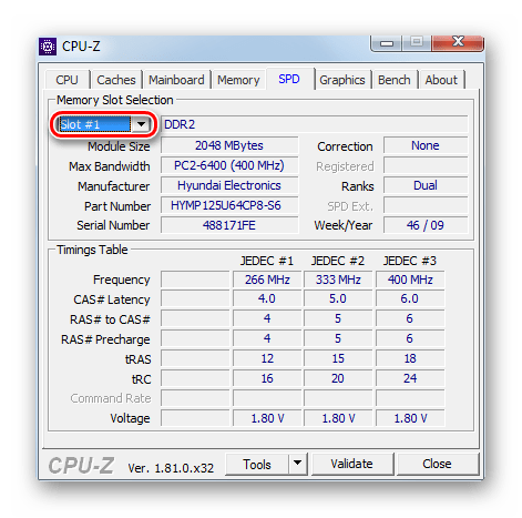 Раскрытие выпадающего списка с номерами слотов с подключенными модулями оперативной памяти во вкладке SPD в программе CPU-Z