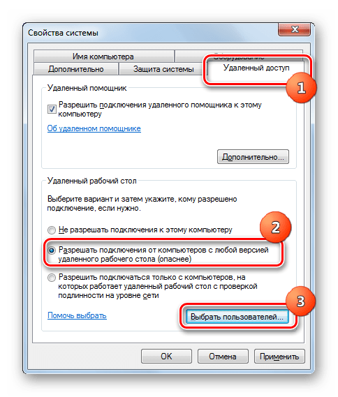 Разрешение подключения от компьютеров с любой версией удаленного рабочего стола во вкладке Удаленный доступ окна Свойства системы в Windows 7