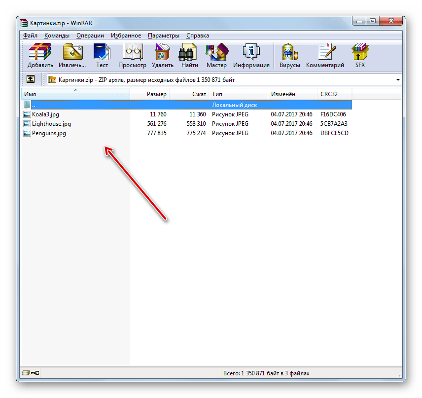 Содержимое архива ZIP отображено в виде списка в окне программы WinRAR