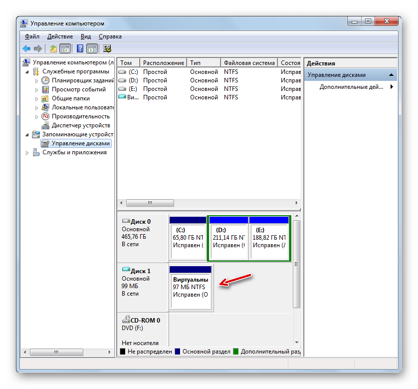 Виртуальный диск снова доступен в разделе Управление дисками в окне Управление компьютером в Windows 7