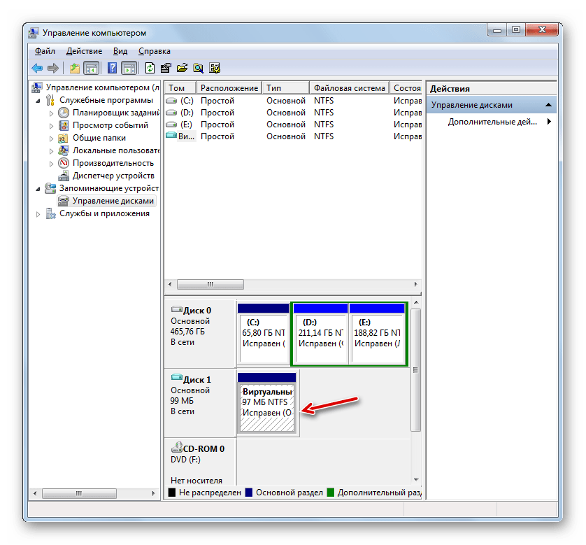Виртуальный диск создан в разделе Управление дисками в окне Управление компьютером в Windows 7