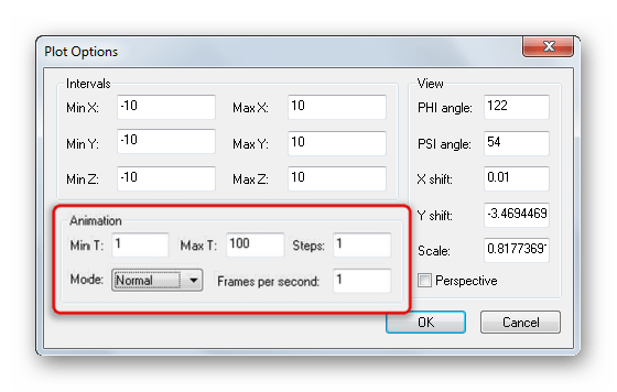 Заполнение минимальных и максимальных значений t для анимирования графиков в 3D Grapher