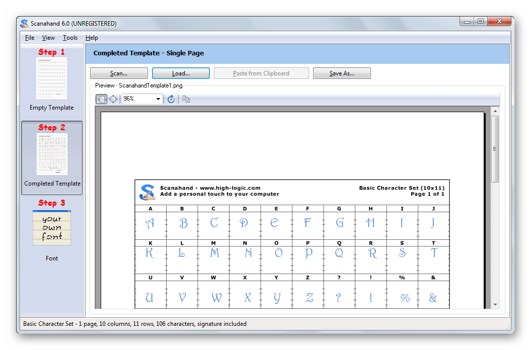 Заполненный вариант таблицы для создания шрифтов в Scanahand