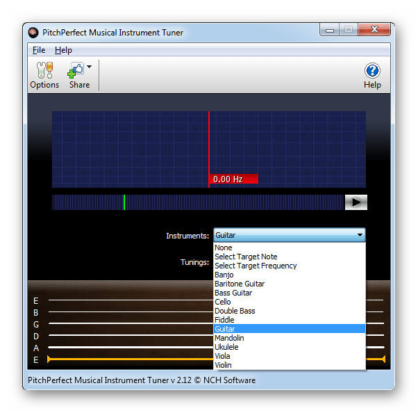 Большое количество доступных для настройки музыкальных инструментов в PitchPerfect Guitar Tuner
