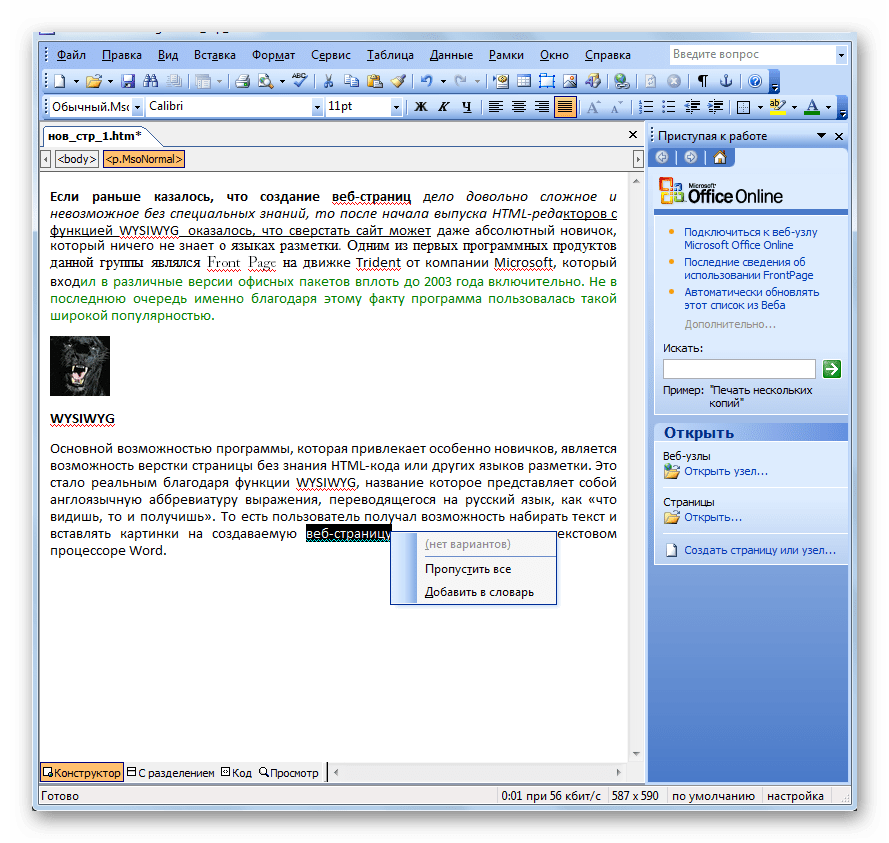 Функция проверки правописания в программе Microsoft Front Page