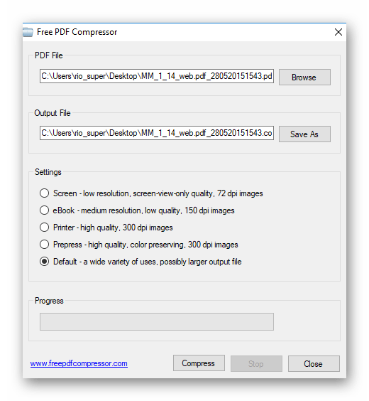 Главное окно программы Free PDF Compressor