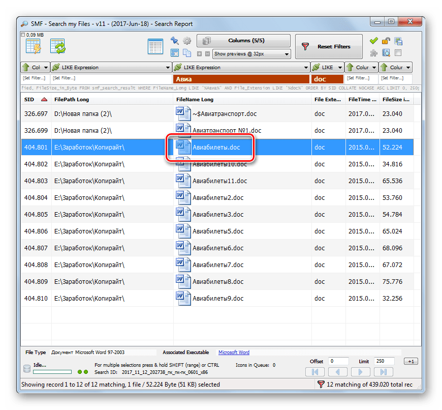 Открытие искомого файла в программе Search My Files в Windows 7