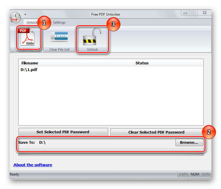 Порядок действий при снятии пароля с файла при помощи Free PDF Unlocker