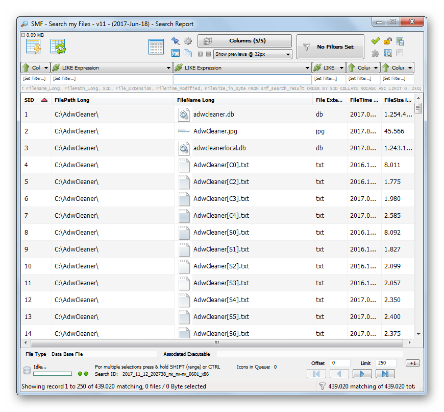 Результаты сканирования в программе Search My Files в Windows 7