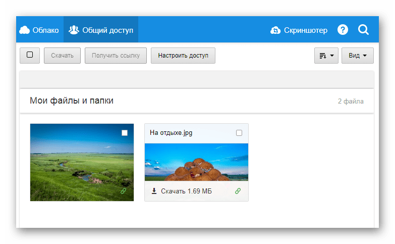 Успешный перенос файлов на вкладку Общий доступ на сайте сервиса Облако Mail.ru