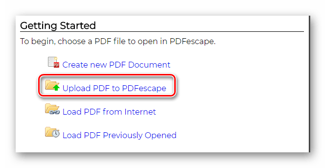 Выбор варианта загрузки документа Онлайн-сервис PDFEscape