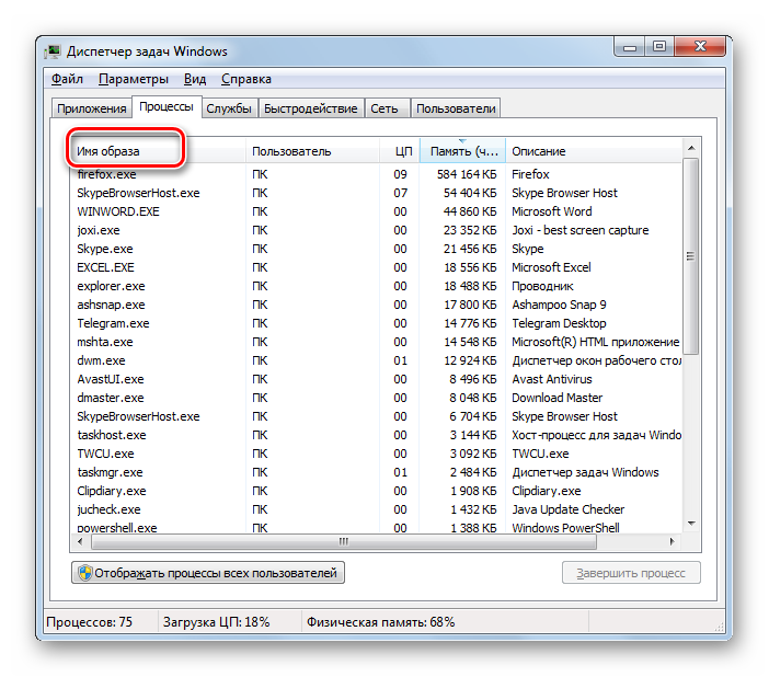 Выстраивание элементов списка в алфавитном порядке во вкладке Процессы в Диспетчере задач в Windows 7