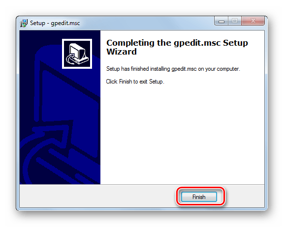 Закрытие окна Мастера установки gpedit.msc в Windows 7