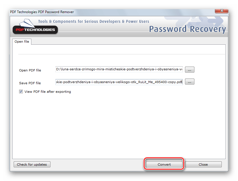 Запуск процесса снятия защиты с файла в PDF Password Remover Tool