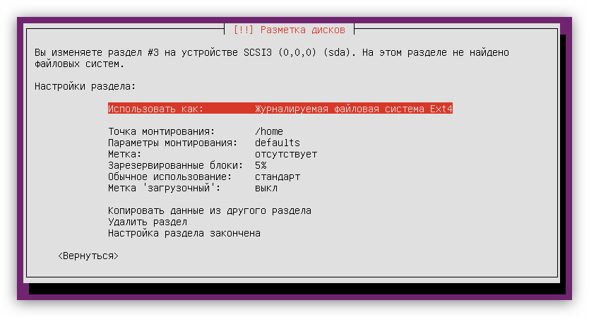пример настройки домашнего раздела при установке Ubuntu server