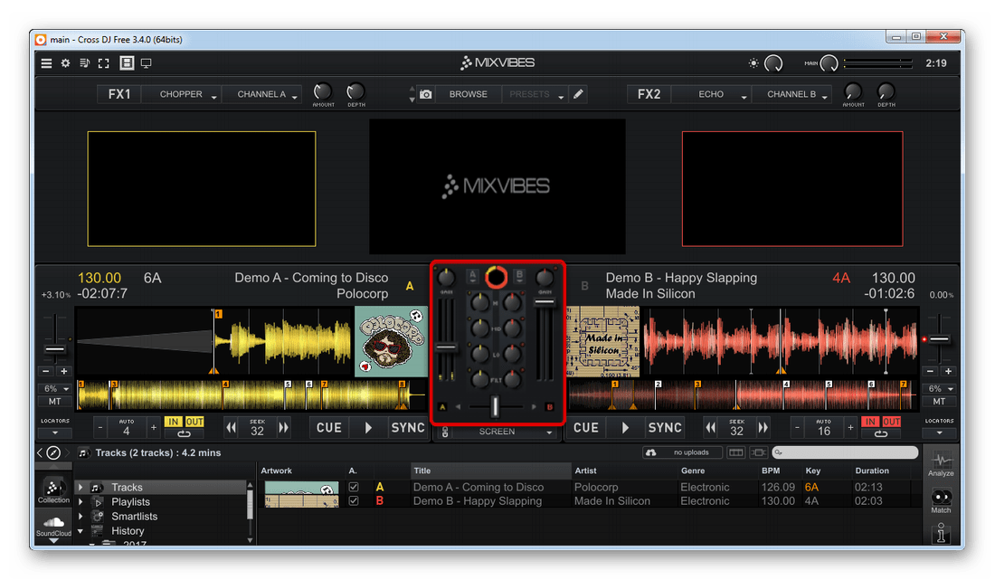 Инструменты для управления громкостью и уровнями частот звуковых волн в Cross DJ