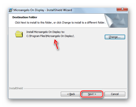 Папка инсталляции программы в Мастере установки программы Microangelo On Display в Windows 7