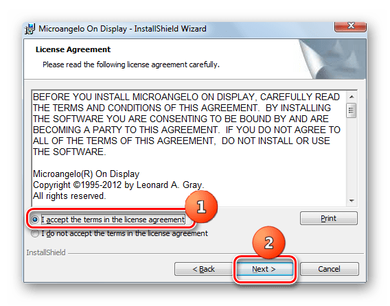 Подтверждение лицензионного соглашения в Мастере установки программы Microangelo On Display в Windows 7