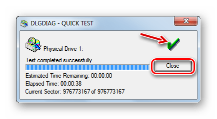 Процедура тестирования Quick test жесткого диска закончилась удачно в окне программы Western Digital Data Lifeguard Diagnostic