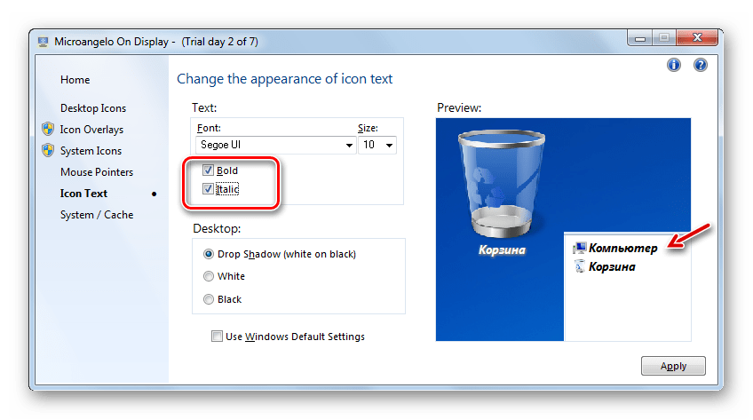 Установка жирного шрифта и курсивом в программе Microangelo On Display в Windows 7