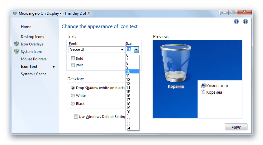 Выбор размера шрифта в программе Microangelo On Display в Windows 7