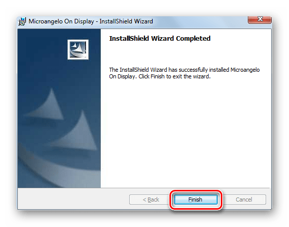Завершение процедуры установки приложения в Мастере установки программы Microangelo On Display в Windows 7