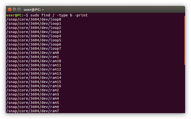 поиск блочных файлов с применением команды -type в терминале linux