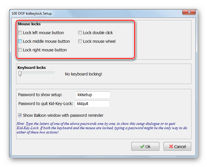 Настройки блокировки мыши в программе Kid Key Lock в Windows 7