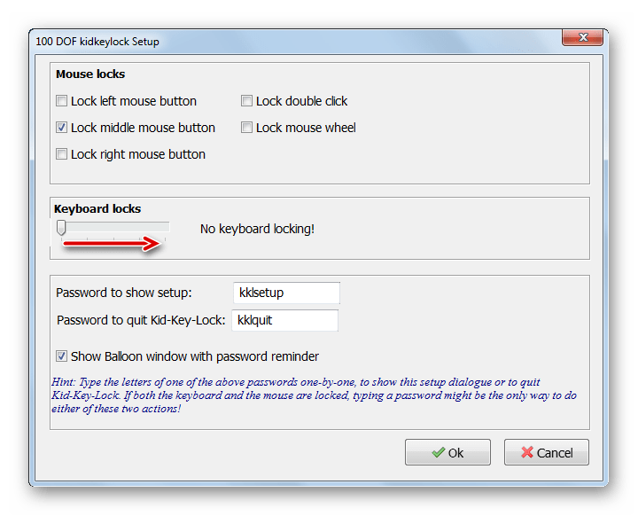 Перемещение бегунка Keyboards Locks в крайнее правое положение в программе Kid Key Lock в Windows 7