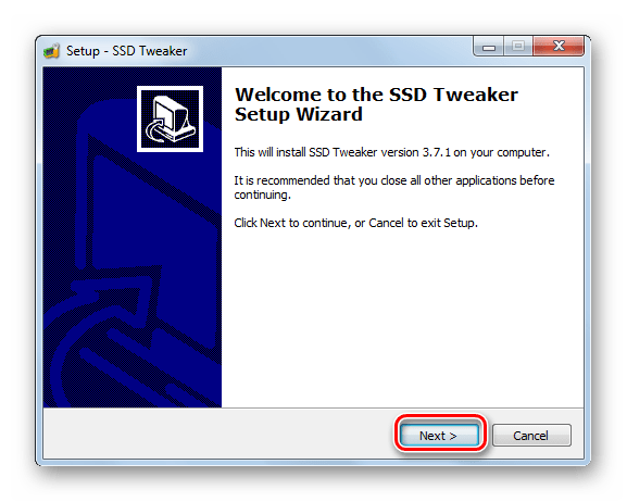 Приветственное окно Мастера установки программы SSDTweaker в Windows 7