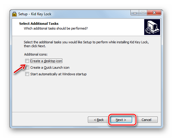 Установка иконок и автозапуска приложения в окне Мастера установки программы Kid Key Lock в Windows 7
