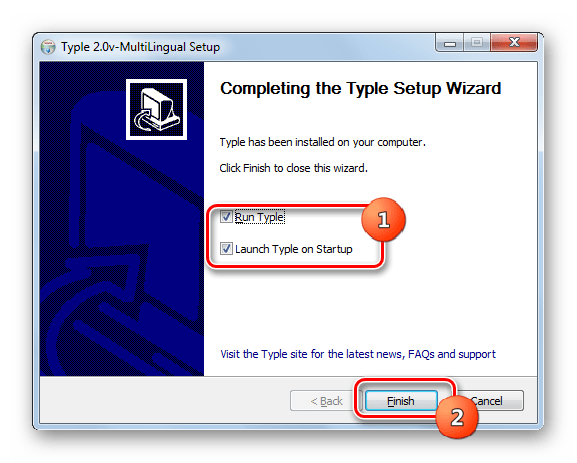 Завершение установки приложения в окне Мастера установки программы Typle в Windows 7