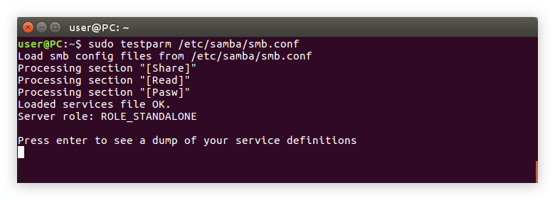 проверка конфигурационного файла samba на ошибки в ubuntu