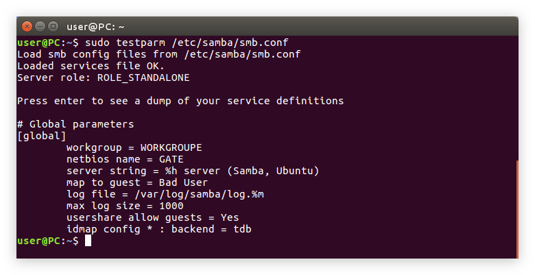 проверка конфигурационного файла smb conf в ubuntu при натсройке samba