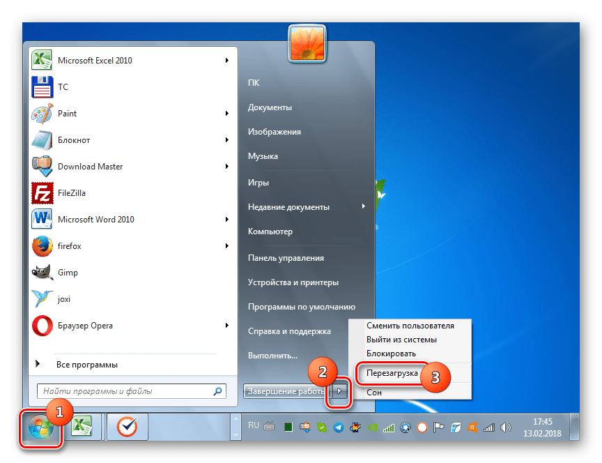 Переход к перезагрузке операционной системы через меню пуск в Windows 7