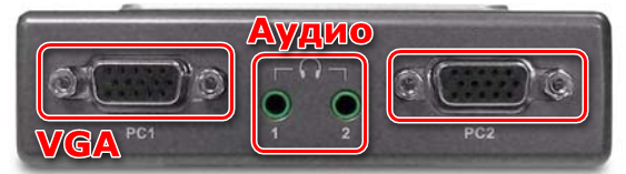 Подключение кабелей видео и аудио к разъемам KVM-переключателя