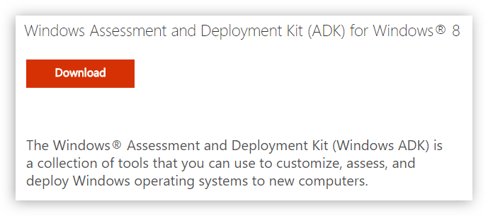кнопка для загрузки пакета Windows Assessment and Deployment Kit на официальном сайте