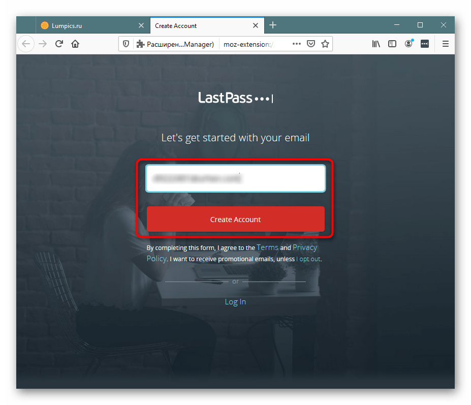 Ввод электронной почты для создания учетной записи LastPass для Mozilla Firefox