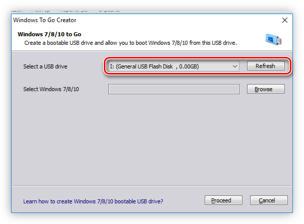 выбор накопителя для записи windows to go в программе aomei partition assistant