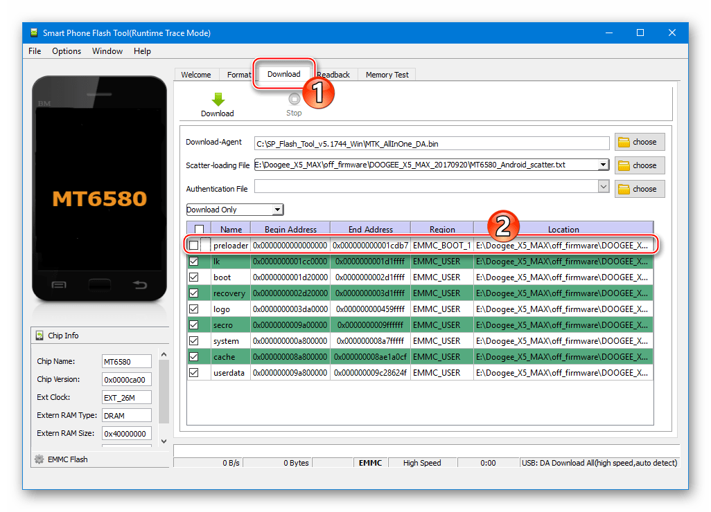 Doogee X5 MAX SP Flash Tool прошивка в режиме Dowload Only без прелоадера