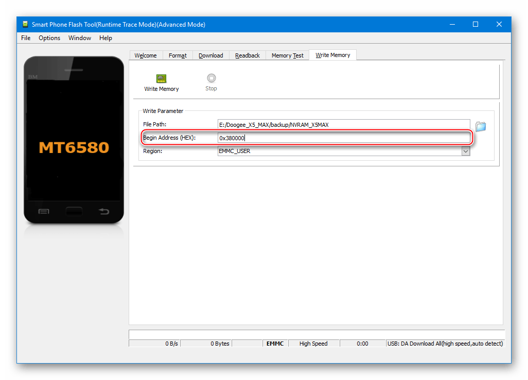 Doogee X5 MAX SP Flash Tool указание значения адреса памяти для восстановления NVRAM