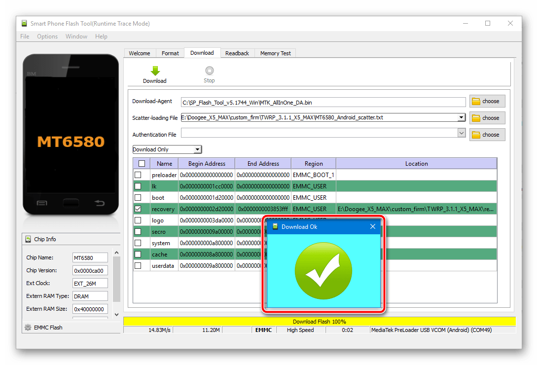Doogee X5 MAX прошивка рекавери TWRP через SP Flash Tool